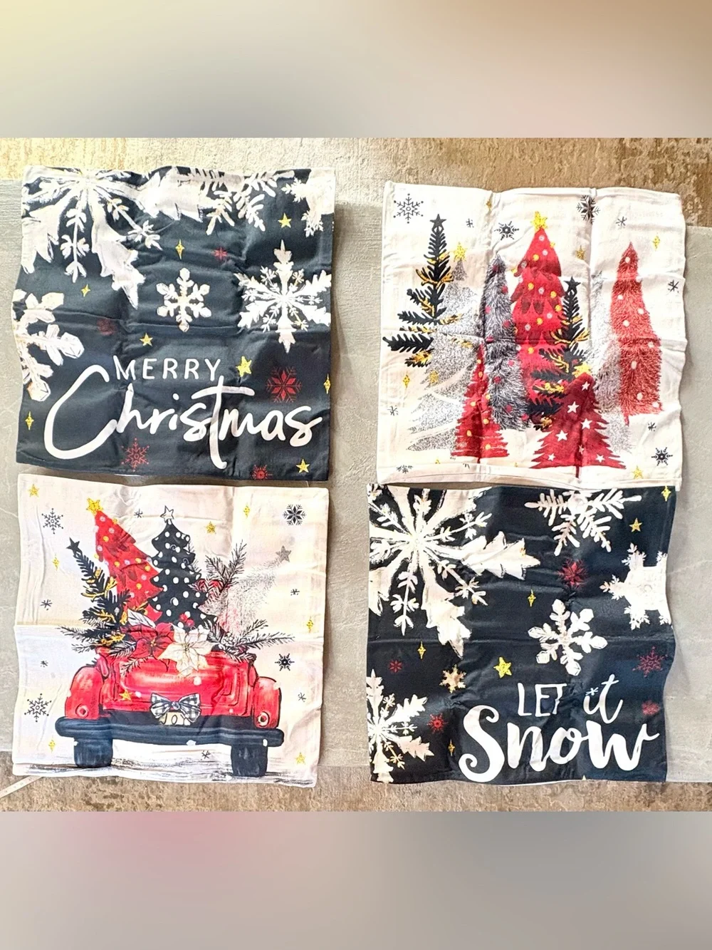 Christmas Tree Truck & Snowflake Holiday Zipper Pillow Covers, Set of 4. 18” New